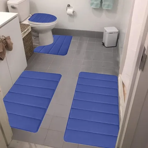 Memory Foam Bathroom Rug, Bath Mats Sets, 4 Pieces Ultra Soft Toilet Mats Set with Rubber Back, Non Slip and Absorbent Toilet Mats Set Carpet Washable (Bar Pattern, Blue)