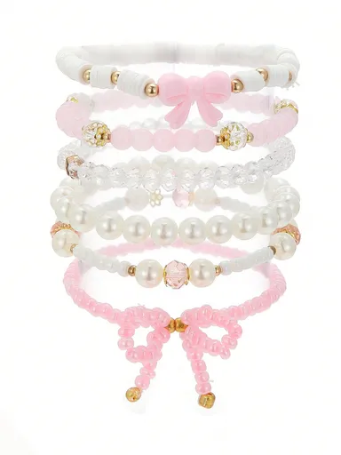 6pcs Set Cute Faux Pearl Crystal Beaded Bowknot Bracelet Set For Girls Friendship Jewelry Party Gift Ideal Valentine s Day Gift