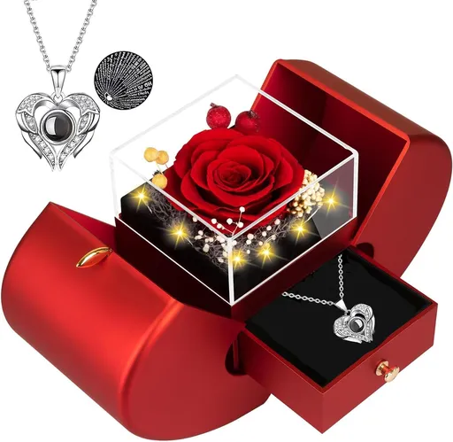Preserved Rose Gift Box with LED Lights, Red Floral Arrangement, Romantic Jewelry Display Case for Valentine's Day, Anniversary, Birthday (Red)