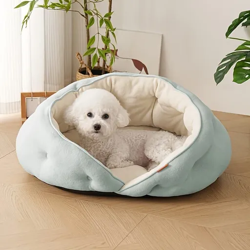 Semi-Enclosed Pet Bed with Plush Comfort and Anti-Slip Base – Ideal for Cats and Small to Medium Dogs Seeking a Cozy, Secure Sleep Spot for All Seasons (M, Blue)