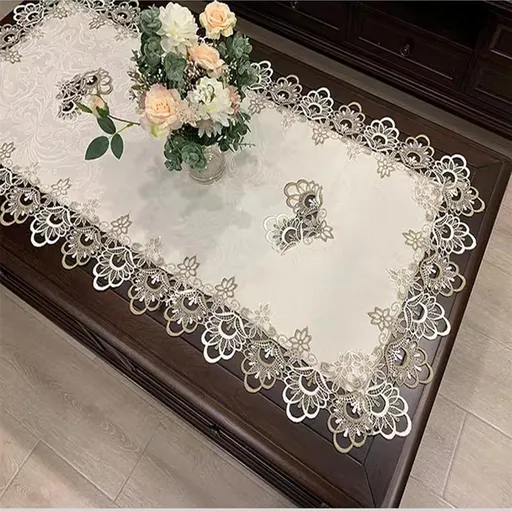 Beige Embroidered Coffee Table Cover Rectangular Dust Cove Oval Hollow Fabric Tablecloth, Dryer, Refrigerator Top (20''X40'')
