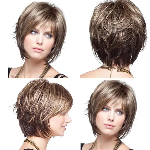 Short Gray brown Wig with Bangs, Pixie Cut Layered Wigs for Women, Healthy Memory Synthetic Fiber, Glueless Wigs Fluffy Natural Daily Use