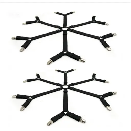 2pcs Sheet Clips,Under Mattress Bed/Fitted Sheet Fastener,Long Strap Clip Bands,6 sides with 12 black clips(Black)