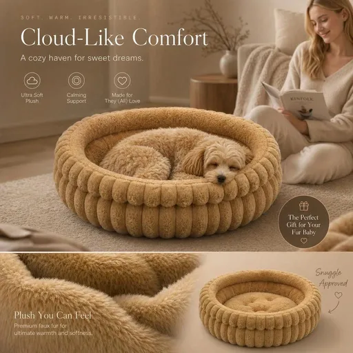 Plush Round Bed - Coffee, Size L: 60×60×15cm