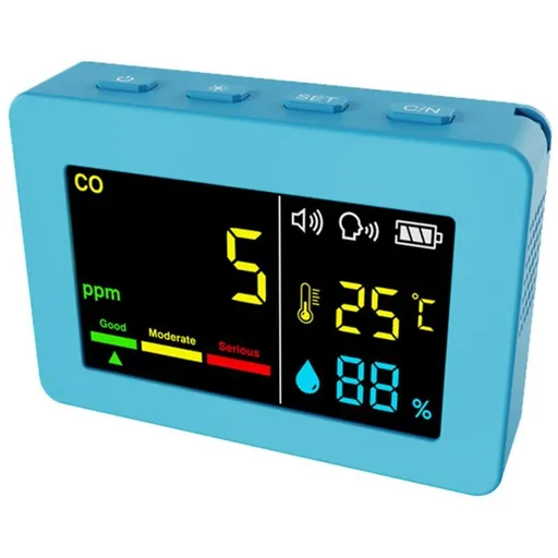 3-in-1 Portable Air Quality Meter, CO, Temperature and Humidity, Color Screen, Carbon Monoxide Detector with Voice Alarm and Battery Display