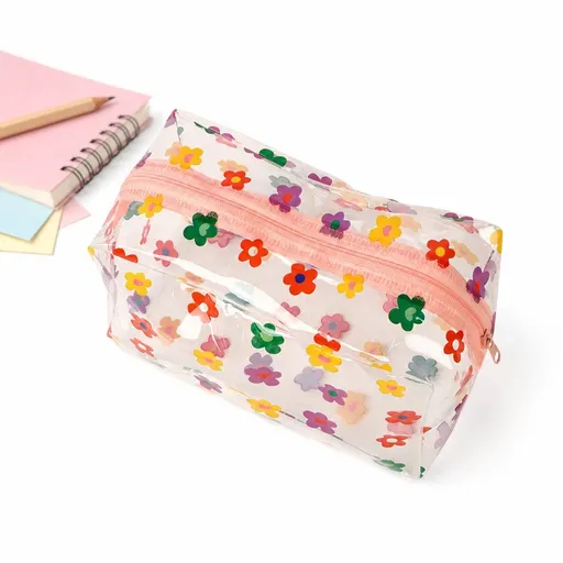 Transparent Floral Pencil Case Zipper Pencil Bag for School Office Makeup, Clear Cosmetic Pouch with Colorful Flower Print