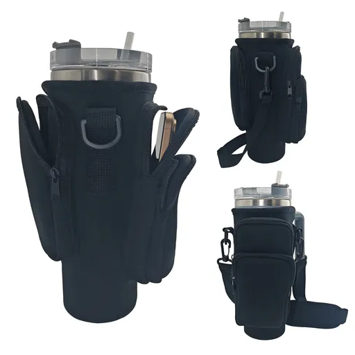 40oz Black Insulated Tumbler Carrier Sleeve with Adjustable Shoulder Strap - Neoprene Triple-Pocket Holder for Outdoor and Car Use