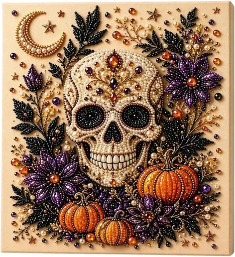 Halloween Pearl Diamond Painting Art Kit with Frame, Spooky Cute 3D DIY Pearl Beads Art Craft for Adults, DIY Fall Home Decor Wall Art, Beginner DIY Seasonal Party Gift - Multi-color - D