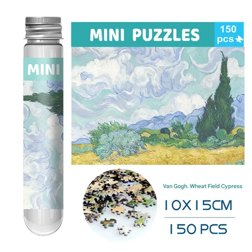 2 PCS 150-Piece Mini Puzzle in Reusable Tube – Compact Jigsaw for Home or Travel, Frame Not Included(136-Wheat Fields and Cypress Trees)