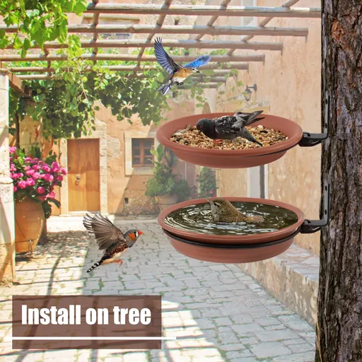 2 Bird Trays Tree Mounted for Bird Feeder Bird Bath Bowl,Installed on Wooden Fence Wall Tree Deck Stakes with Heavy Duty Iron Ring