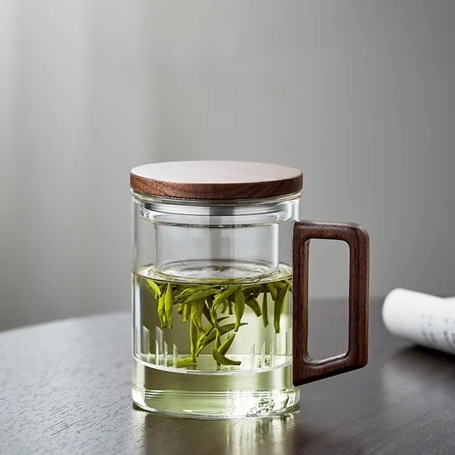 400ml Borosilicate Glass Tea Mug with Infuser and Walnut Wood Handle Clear Loose Leaf Teacup for Home Office