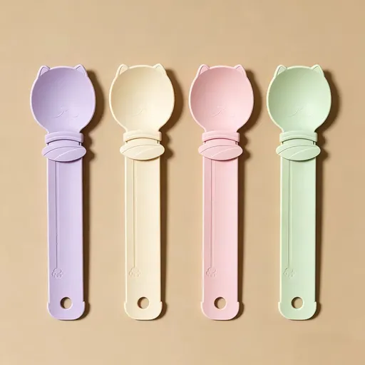 4-piece Beige and Pink and Green and Purple- Cat Treat Spoon for Wet Food & Paste - Extra-Long PP Handle, Food-Grade Squeeze Feeder with Anti-Spill Bowl, Easy One-Handed Operation for Cats