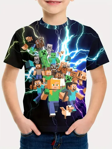 Minecraft T-shirt for boys and girls, cute pattern design, cartoon print, round neck, funny short sleeve top, casual spring summer children G 130cm