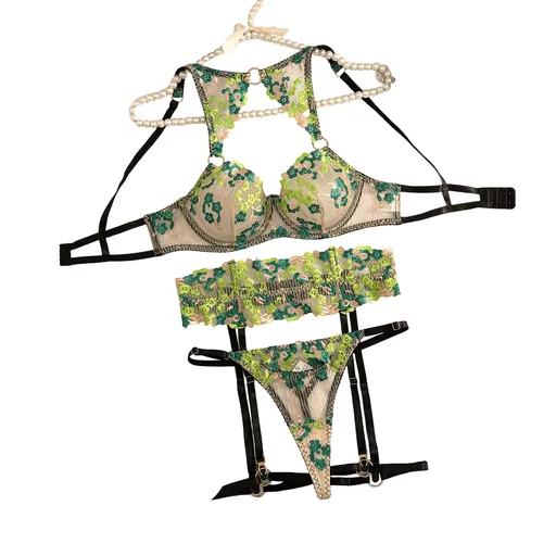 House Of Dasein Floral Embroidery Countryside Style Fun Set Sexy Underwear Four Piece - Black Green - S