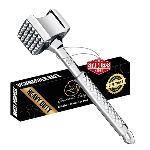 Gourmet Easy Stainless Steel Meat Tenderizer Tool, Meat Mallet, Dual-sided, Non-Slip