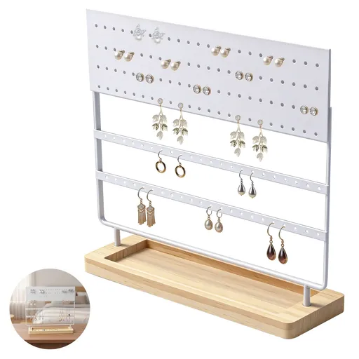Earring Holder Organizer Stand, 144 Holes 4-Tier Jewelry Display Stand with Detachable Wooden Base, Metal Storage Rack for Earrings Rings Studs Bracelets, Home and Retail Store Display