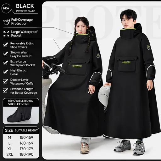 Black Full Coverage & Extended Cycling Hooded Rain Poncho with Detachable Shoe Covers, L Size – Thickened Waterproof Oxford Motorcycle Raincoat with Face-Protection Elastic Collar, Large Storage Pocket and Foldable Sleeve Cover for Men Women Outdoor