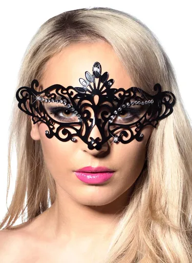 Masquerade Mask Cut Out Black Plastic 11cm Height 21cm Width Decorated with Silver Rhinestones