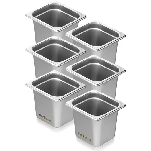 6 Pack 1/6 Size Hotel Pans 6 Inch Deep Anti Jam Steam Table Pans 0.8mm Stainless Steel Commercial Food Pans for Catering Restaurant Kitchen