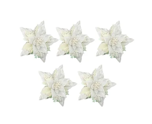 5Pcs Artificial Xmas Flower Leaves-Silver White