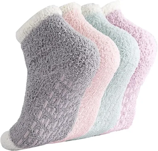 Non-slip socks - Coral fleece socks - with grip - lint-free - suitable for ladies - 4 pairs - gift