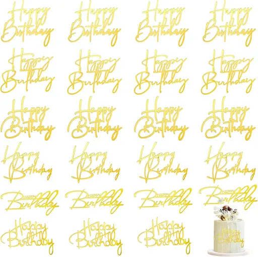24 Pieces Gold Happy Birthday Cake Toppers Mirror Acrylic Cupcake Topper Happy Birthday Sign for Cake Side Cupcake Decorations, 6 Styles