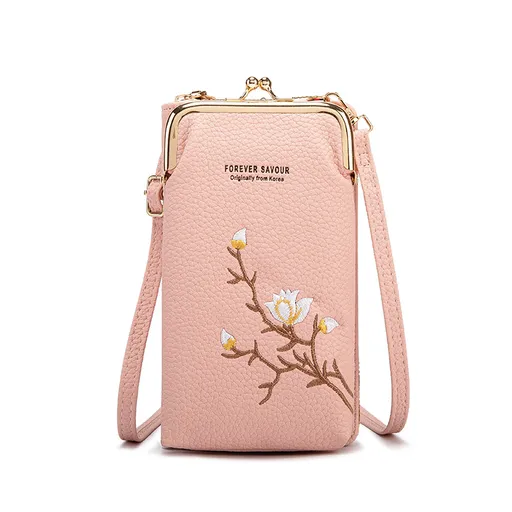 Pink Chic Embroidered Crossbody Phone Wallet - All-in-One Purse with Kiss-Lock Clasp