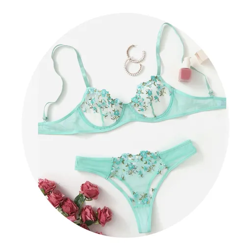 House Of Dasein Sexy Sheer Delicate Floral Embroidery Transparent Lingerie Bra Panties Set - Mint - Xl