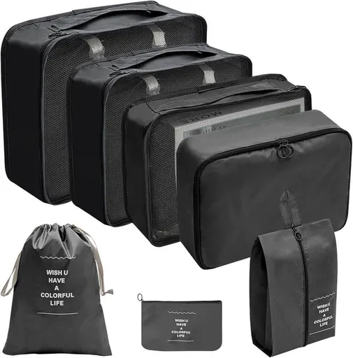 7-Piece Black Suitcase Organizer for Travel Bags