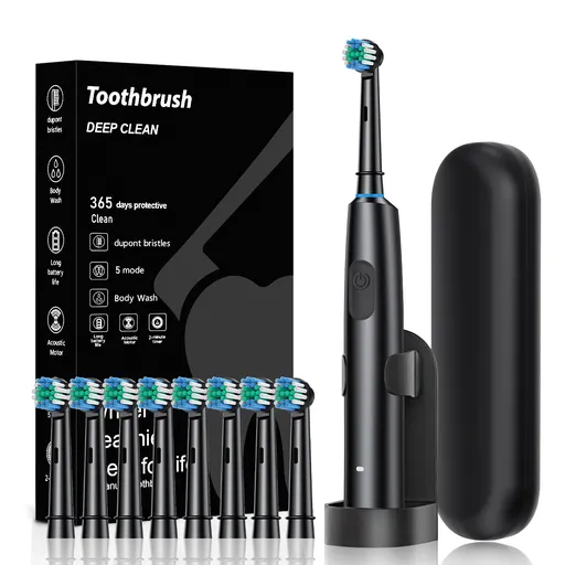 Electric Toothbrush Rotating Round Head 3D Oscillating Black with 8 Heads Case and Stand