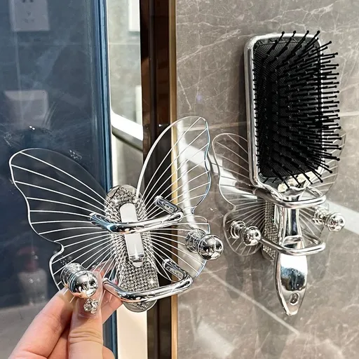Transparent Butterfly Rhinestone Comb Holder, Wall-Mounted Brush Organizer for Bathroom Vanity, Jewelry Display, Hair Accessory Storage (With drill)