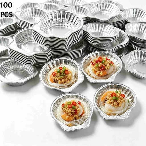 100 Pack Disposable Aluminum Foil Clam Shell Oyster Trays, 3.8 x 3.7 Inch Small Foil Shell Cups for Baking Oysters, Seafood, Appetizers, Grill and Party Food Serving