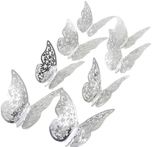 3D Wall Decoration Butterflies 12 Pieces | Wall Butterflies | Butterfly Wall Stickers | Solid Wall Stickers | Silver