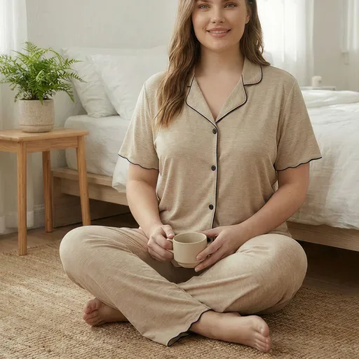 Khaki Size 1XL | Soft Khaki Short Sleeve Sleepwear | Halloween Cozy Daily Gift | Buttoned Cardigan Loose Fit Women's Loungewear Set