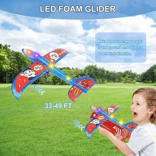1 Pack Airplane Launcher Toys LED Foam Glider Flight Plane Toy 1 Launcher for Old Boy Girls Birthday Gift(1+1,49ft Range)