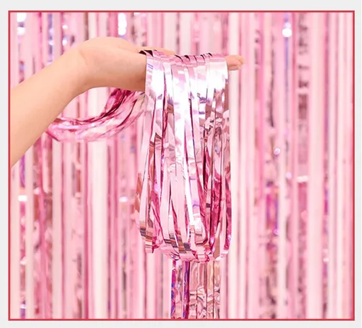 10 Pcs Pink Shiny Tinsel Foil Fringe Curtain - 1m x 2m Metallic Streamer Backdrop for Birthday Parties, Weddings, Christmas, and Stage Decor - Gold Plastic Photo Prop