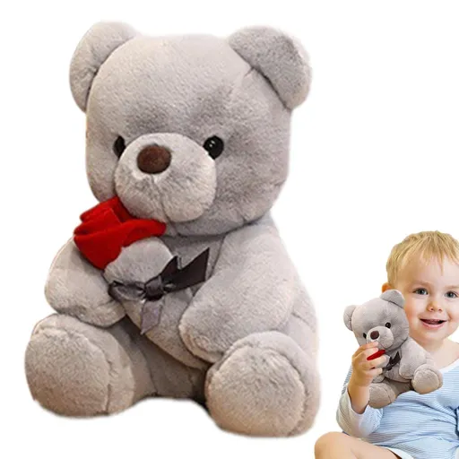 9.8'' Teddy Bear with Rose, Soft Plush Bear Doll Stuffed Animals Toys Valentines Day Decor Gifts for Her/Girlfriend (Gray)