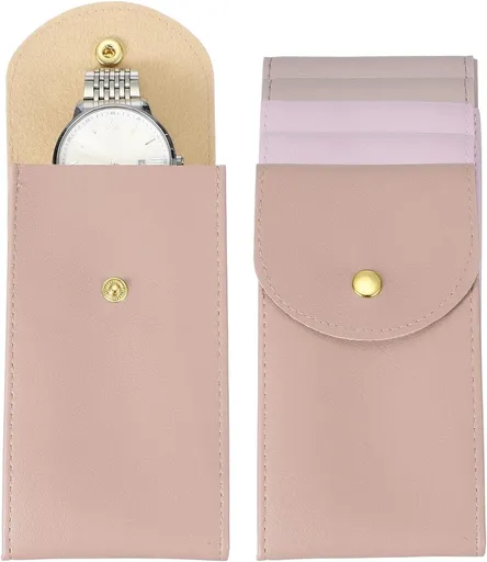 6 Pcs Leather Watch Pouch, 5.1 x 2.8 Portable Travel Case Jewelry Storage Bag for Travel, Single Watch Storage Pouch for Men and Women with Snap Button, Dark Pink/Pink/Purple