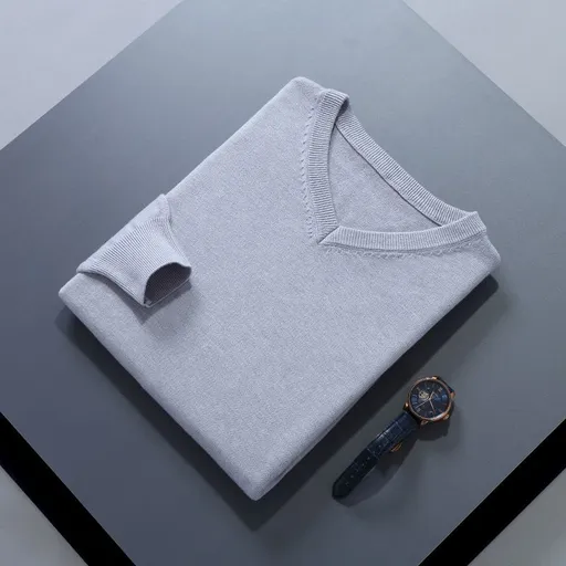 Men V Neck Pullover Knitwear Loose Long Sleeve Light gray