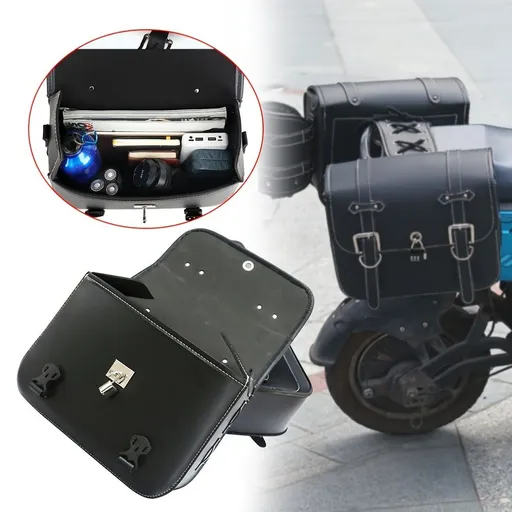 motorcycle side bags, water bottle bag, PU leather, combination lock, motorcycle accessories, durable side bags, secure storage, Australian market