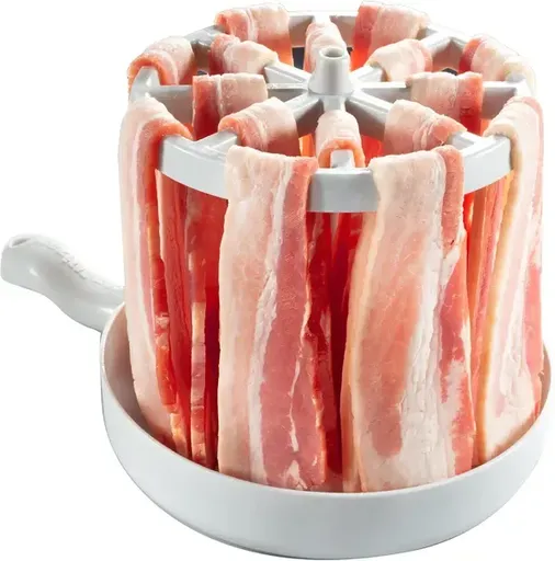 Microwave Bacon Cooker Rack with Vertical Hanging Slots and Grease Drip Tray for Crisp Low-Fat Bacon in Kitchens and Dorms