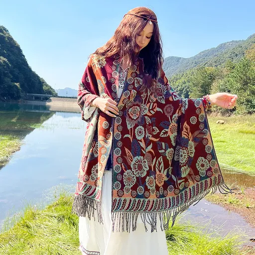 Style 5 Women's Ethnic Faux Cashmere Shawl Wrap - Jacquard Pattern Tassel Scarf (Ink Rain and Flowers)