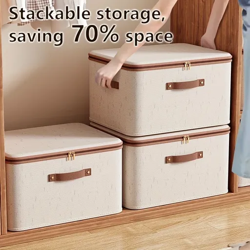 42L Double Zipper Storage Box with Faux Leather Handles | Large Capacity Lidded Basket, Perfect for Storing Clothes, Bedding, and Moving — Ideal for Bedrooms, Dorms, Studies, Wardrobes, Laundry Baskets, Shelf Bins, and Storage Racks.