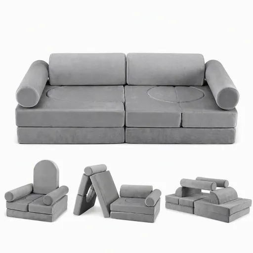 Keezi 12PCS Modular Kids Sofa Play Couch Foam Set with Removable Washable Cover Grey Playroom