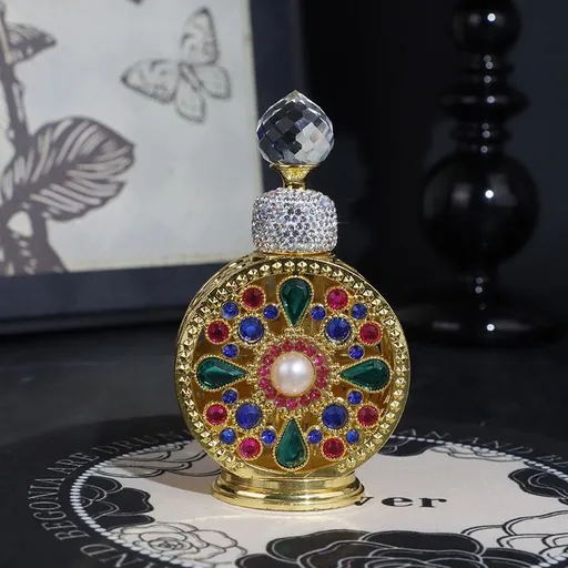 Handcrafted Vintage Rhinestone Perfume Refill Bottle with Gold-Plated Metal Shell and Glass Wand for Travel, Vanity Display and Gift Giving (MultiColor)