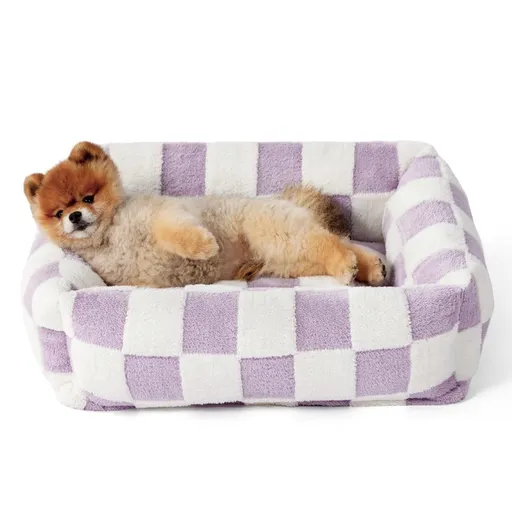 91x68x20 CM Cute Square Plush Pet Bed with Removable Cover & 5 Bolsters Support - Purple Plaid Machine Washable Calming Dog & Cat Sofa