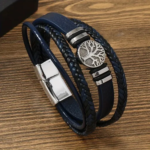 2PCS Handwoven Tree of Life Magnetic Clasp Bracelet, featuring a blue synthetic leather double-layer design. Blending vintage charm with contemporary style, it symbolizes flourishing life and is perfect for both personal wear and thoughtful gifting.