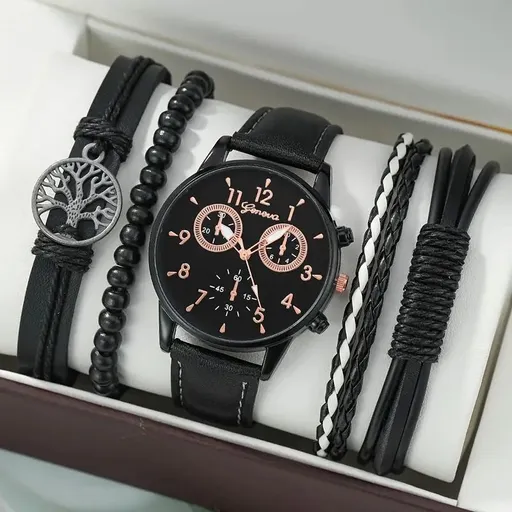 men's bracelet watch set, single calendar watch, fake three eye watch, canvas quartz watch, PU bracelet, men's fashion accessory, gift for men, Australian men's watch - Black - Size 10