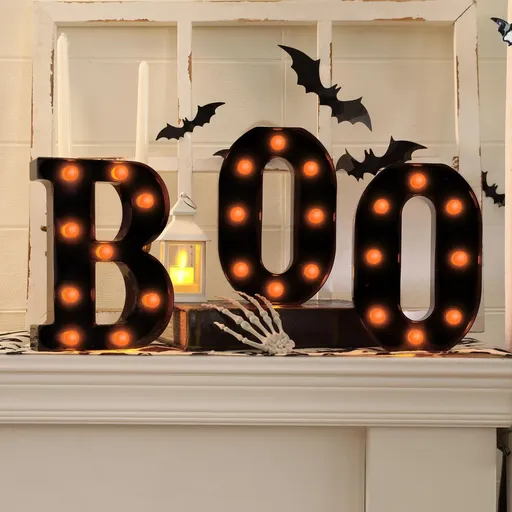 Halloween Decorations-3 Marquee Light up Letters "BOO" Decorative Sign | Halloween Decor for Kitchen Tabletop Fireplace Mantel Party Indoor - Black - Size 8.5in