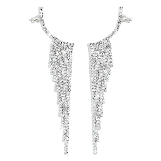 Bling Dangle Drop Tassel Earrings Long Tassel Rhinestone Rhinestone Earrings - Silver